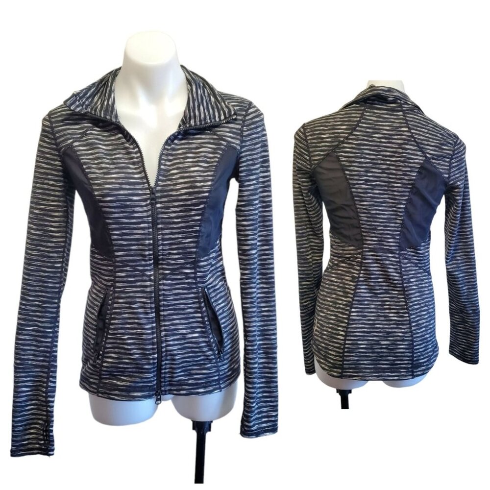 Zella Women Black White Striped Mesh Vented Breathable Athleisure ZipUp Jacket S